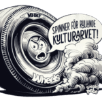 Ett spinnande klassiskt racedäck märkt MHRF och Wheels. Navkapseln är ett argt ansikte som ur en pratbubbla omsluten av gimmirrök säger: SPINNER FÖR RULLANDE KULTURARVET! I hörnet står det Sneeky Pete som visualiserat idén.
